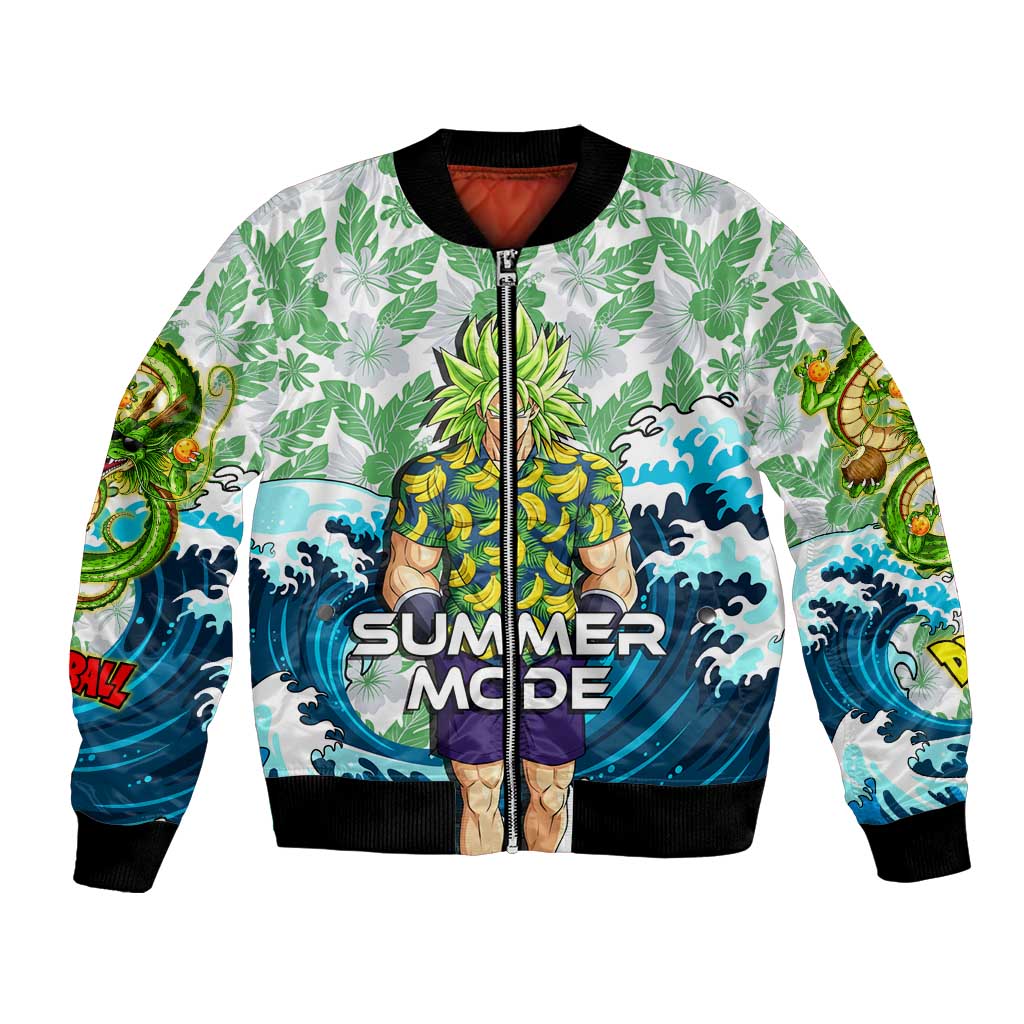 Broly Dragon Ball Summer Theme Bomber Jacket with Banana Shirt Sunglasses Shenron and Tropical Ocean Background - The Mazicc