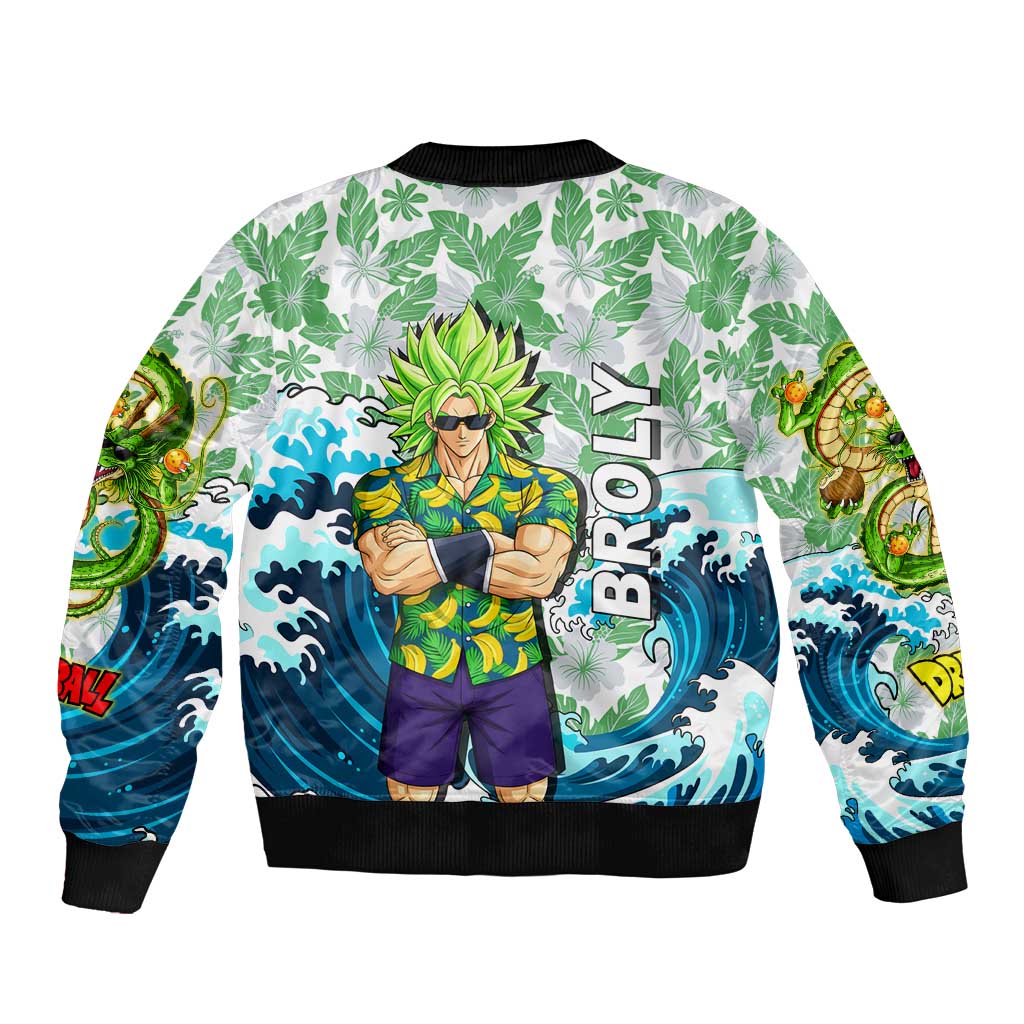 Broly Dragon Ball Summer Theme Bomber Jacket with Banana Shirt Sunglasses Shenron and Tropical Ocean Background - The Mazicc