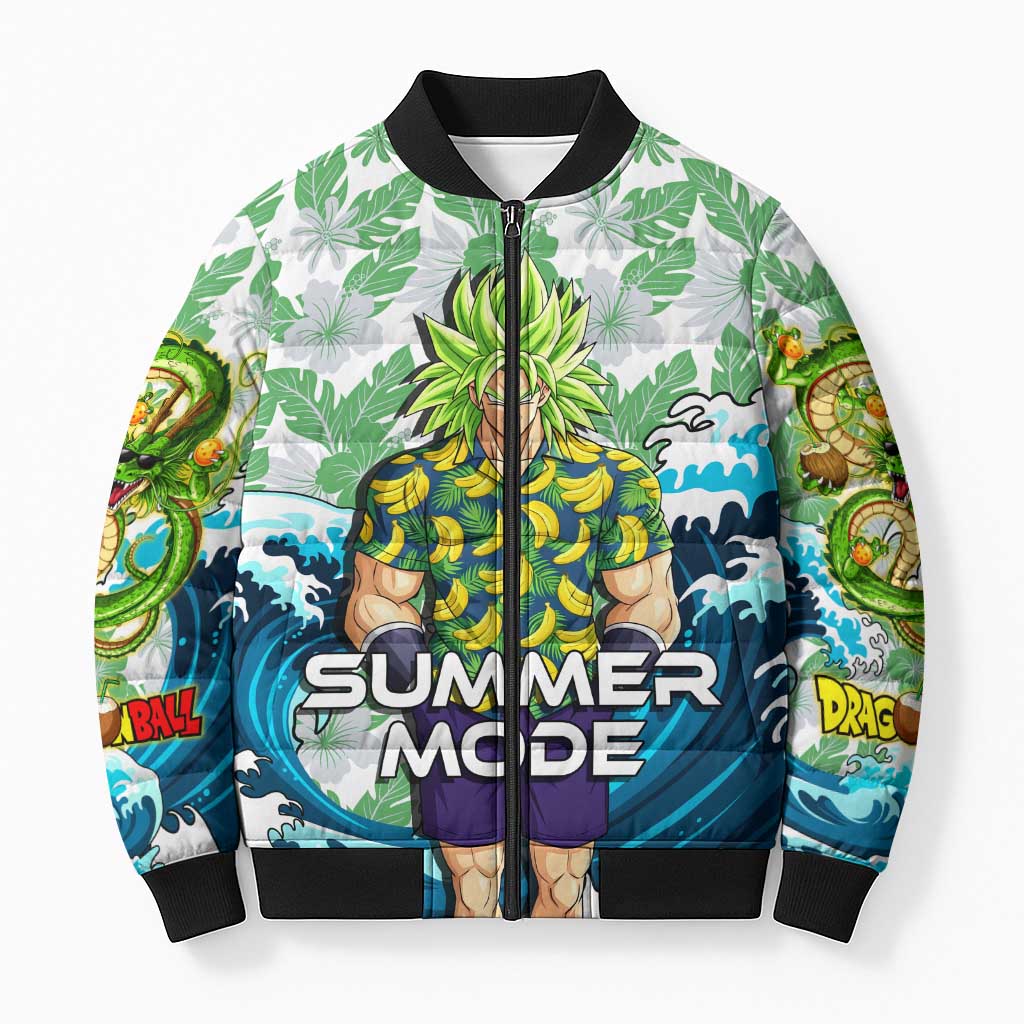 Broly Dragon Ball Summer Theme Bomber Puffer Jacket with Banana Shirt Sunglasses Shenron and Tropical Ocean Background - The Mazicc