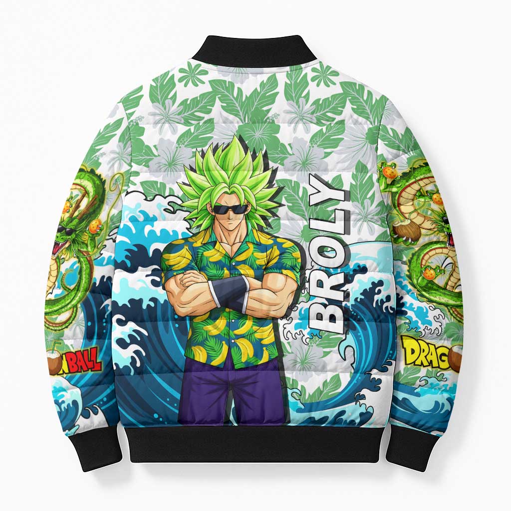 Broly Dragon Ball Summer Theme Bomber Puffer Jacket with Banana Shirt Sunglasses Shenron and Tropical Ocean Background - The Mazicc