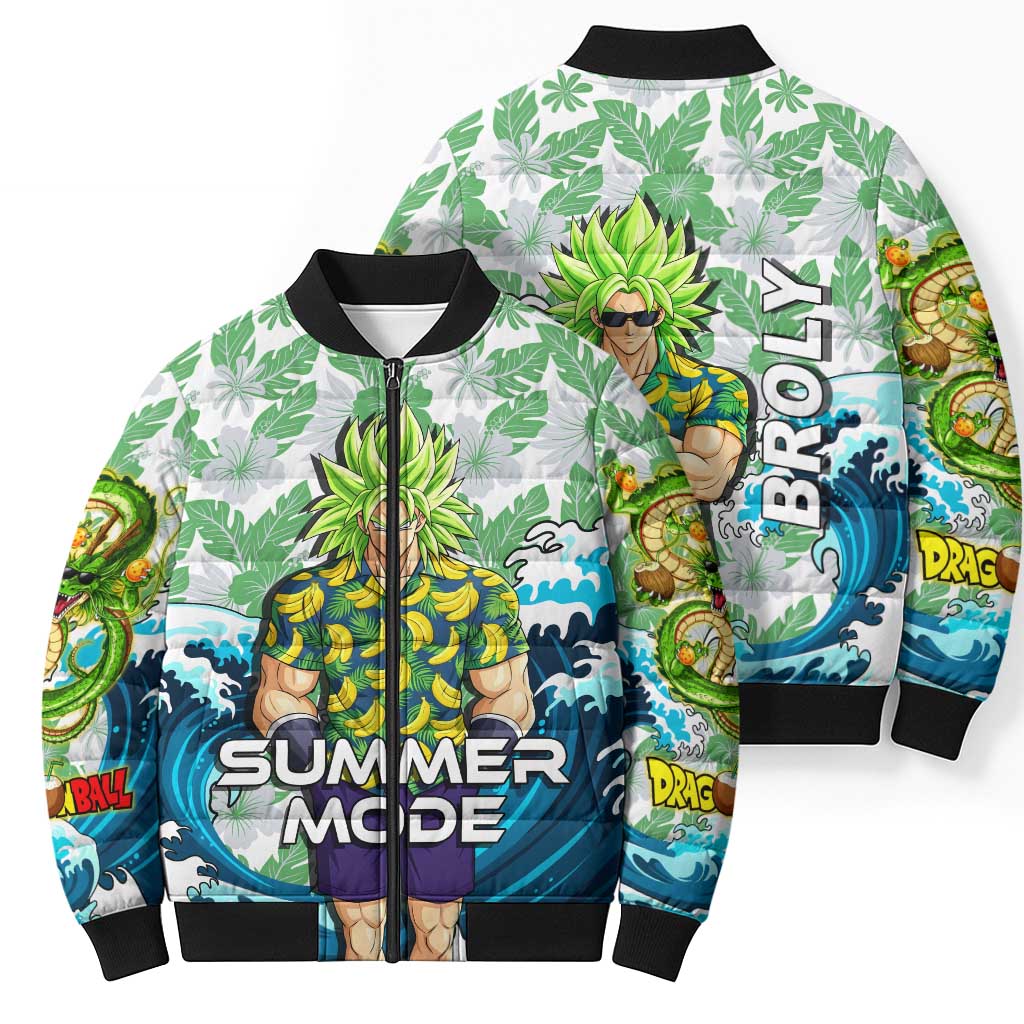 Broly Dragon Ball Summer Theme Bomber Puffer Jacket with Banana Shirt Sunglasses Shenron and Tropical Ocean Background - The Mazicc
