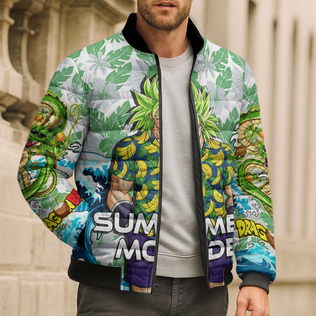 Broly Dragon Ball Summer Theme Bomber Puffer Jacket with Banana Shirt Sunglasses Shenron and Tropical Ocean Background - The Mazicc
