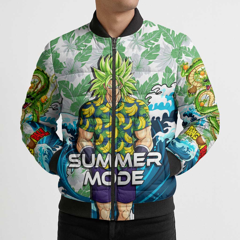 Broly Dragon Ball Summer Theme Bomber Puffer Jacket with Banana Shirt Sunglasses Shenron and Tropical Ocean Background - The Mazicc