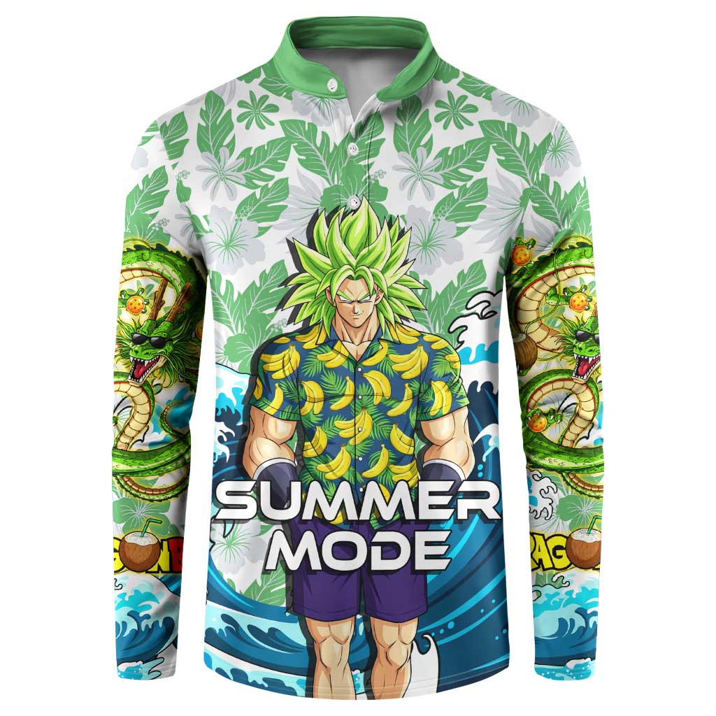 Broly Dragon Ball Summer Theme Button Sweatshirt with Banana Shirt Sunglasses Shenron and Tropical Ocean Background - The Mazicc