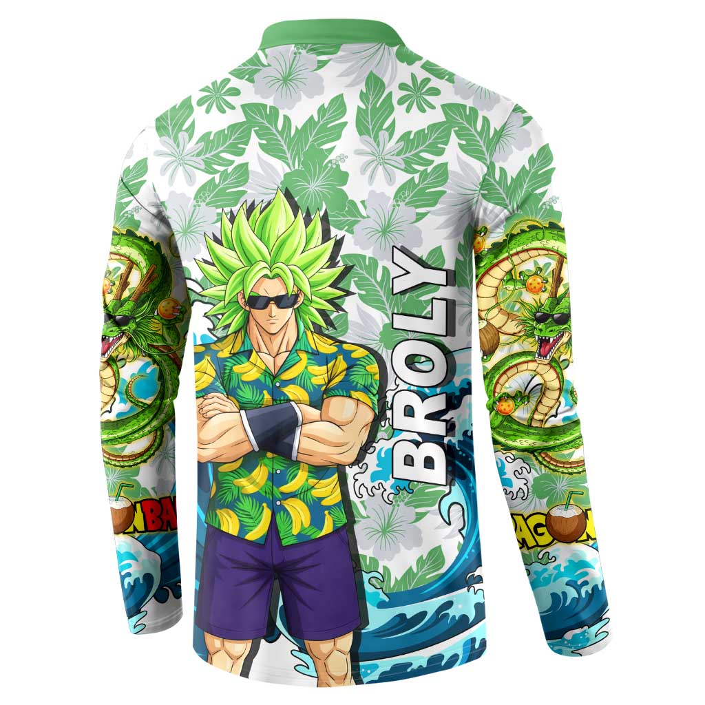 Broly Dragon Ball Summer Theme Button Sweatshirt with Banana Shirt Sunglasses Shenron and Tropical Ocean Background - The Mazicc