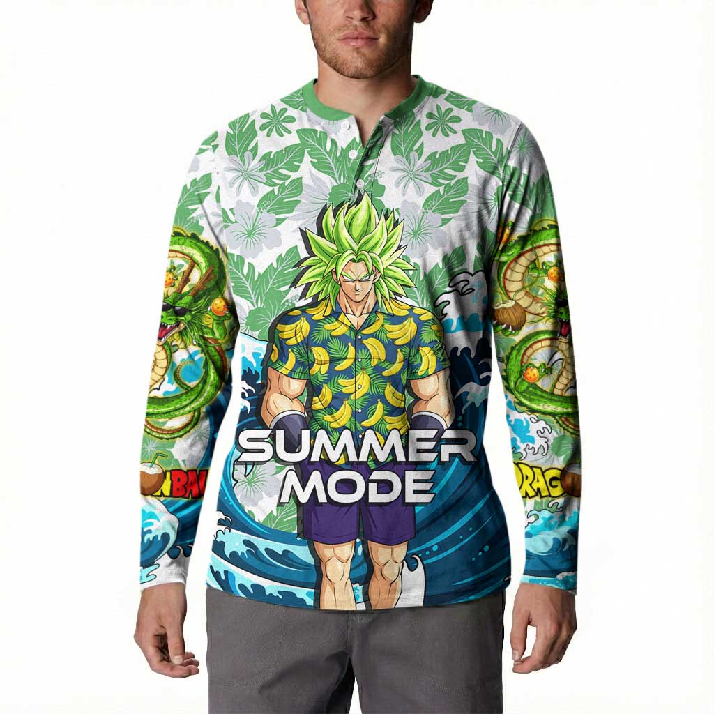Broly Dragon Ball Summer Theme Button Sweatshirt with Banana Shirt Sunglasses Shenron and Tropical Ocean Background - The Mazicc