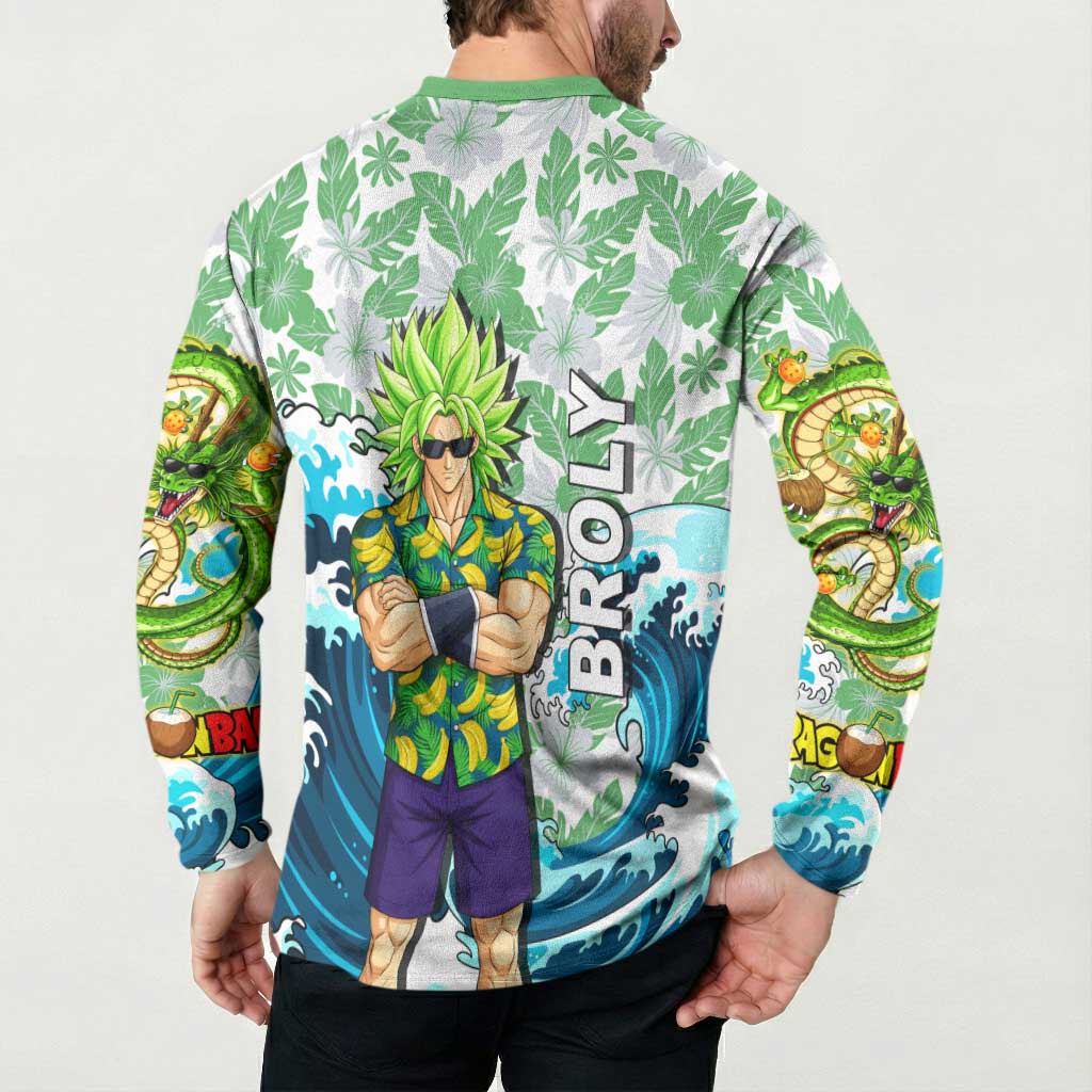 Broly Dragon Ball Summer Theme Button Sweatshirt with Banana Shirt Sunglasses Shenron and Tropical Ocean Background - The Mazicc