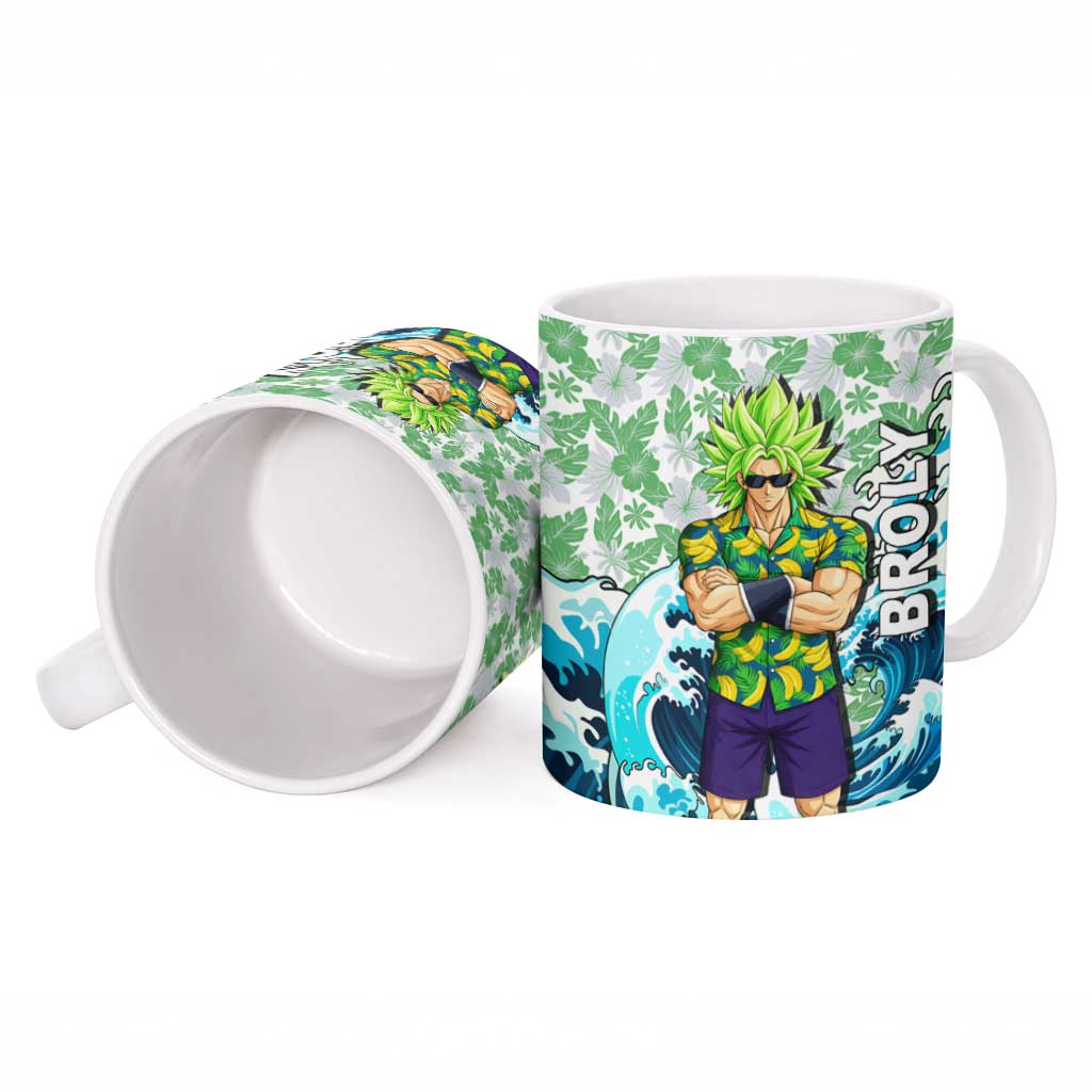 Broly Dragon Ball Summer Theme Ceramic Mug with Banana Shirt Sunglasses Shenron and Tropical Ocean Background - The Mazicc