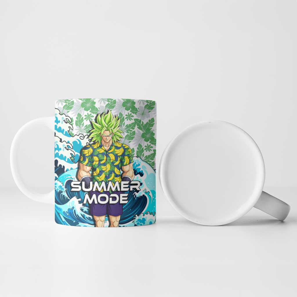 Broly Dragon Ball Summer Theme Ceramic Mug with Banana Shirt Sunglasses Shenron and Tropical Ocean Background - The Mazicc