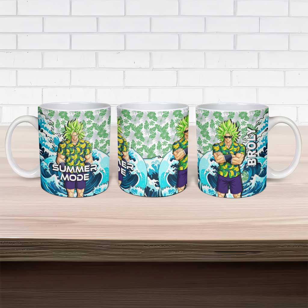 Broly Dragon Ball Summer Theme Ceramic Mug with Banana Shirt Sunglasses Shenron and Tropical Ocean Background - The Mazicc