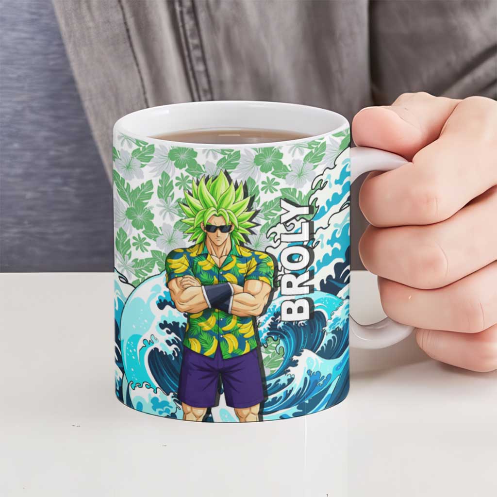 Broly Dragon Ball Summer Theme Ceramic Mug with Banana Shirt Sunglasses Shenron and Tropical Ocean Background - The Mazicc