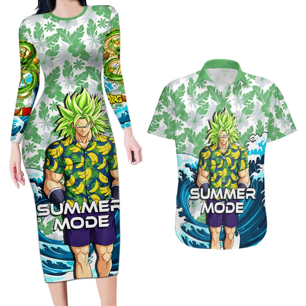 Broly Dragon Ball Summer Theme Couples Matching Long Sleeve Bodycon Dress and Hawaiian Shirt with Banana Shirt Sunglasses Shenron and Tropical Ocean Background - The Mazicc