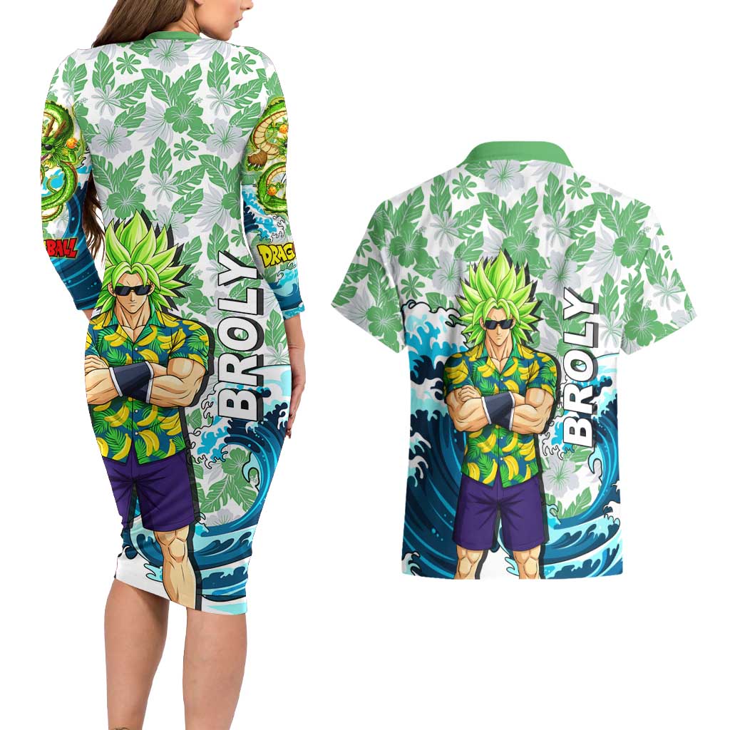 Broly Dragon Ball Summer Theme Couples Matching Long Sleeve Bodycon Dress and Hawaiian Shirt with Banana Shirt Sunglasses Shenron and Tropical Ocean Background - The Mazicc