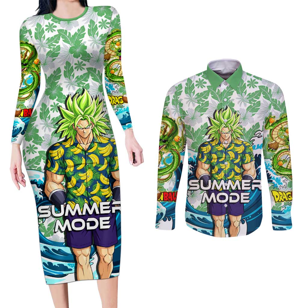 Broly Dragon Ball Summer Theme Couples Matching Long Sleeve Bodycon Dress and Long Sleeve Button Shirt with Banana Shirt Sunglasses Shenron and Tropical Ocean Background - The Mazicc