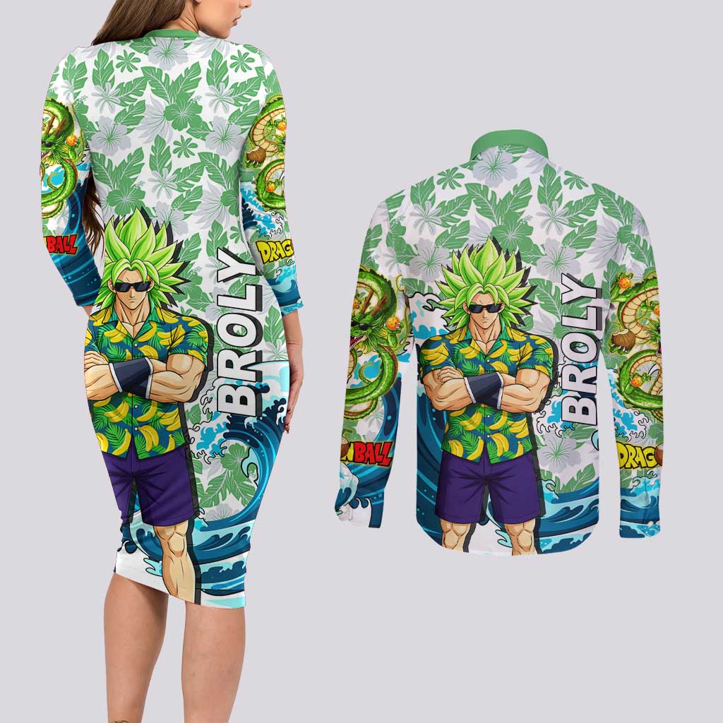 Broly Dragon Ball Summer Theme Couples Matching Long Sleeve Bodycon Dress and Long Sleeve Button Shirt with Banana Shirt Sunglasses Shenron and Tropical Ocean Background - The Mazicc