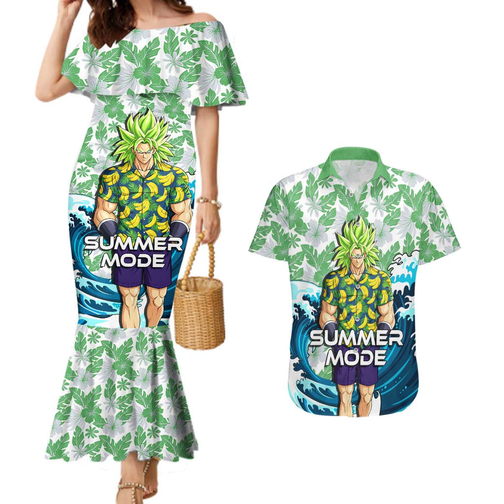 Broly Dragon Ball Summer Theme Couples Matching Mermaid Dress and Hawaiian Shirt with Banana Shirt Sunglasses Shenron and Tropical Ocean Background - The Mazicc