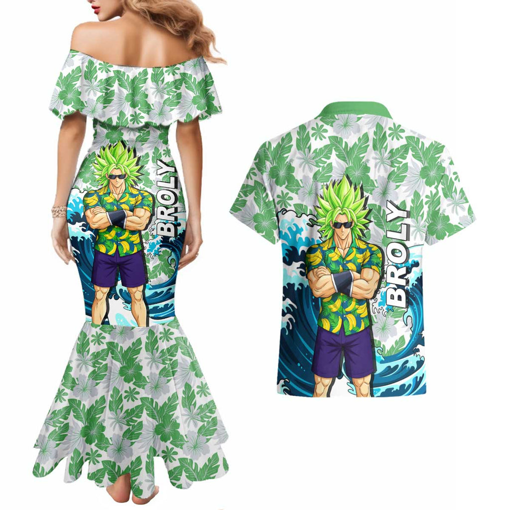 Broly Dragon Ball Summer Theme Couples Matching Mermaid Dress and Hawaiian Shirt with Banana Shirt Sunglasses Shenron and Tropical Ocean Background - The Mazicc