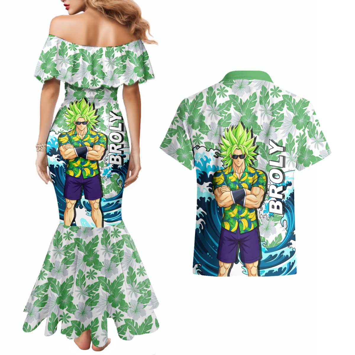 Broly Dragon Ball Summer Theme Couples Matching Mermaid Dress and Hawaiian Shirt with Banana Shirt Sunglasses Shenron and Tropical Ocean Background - The Mazicc