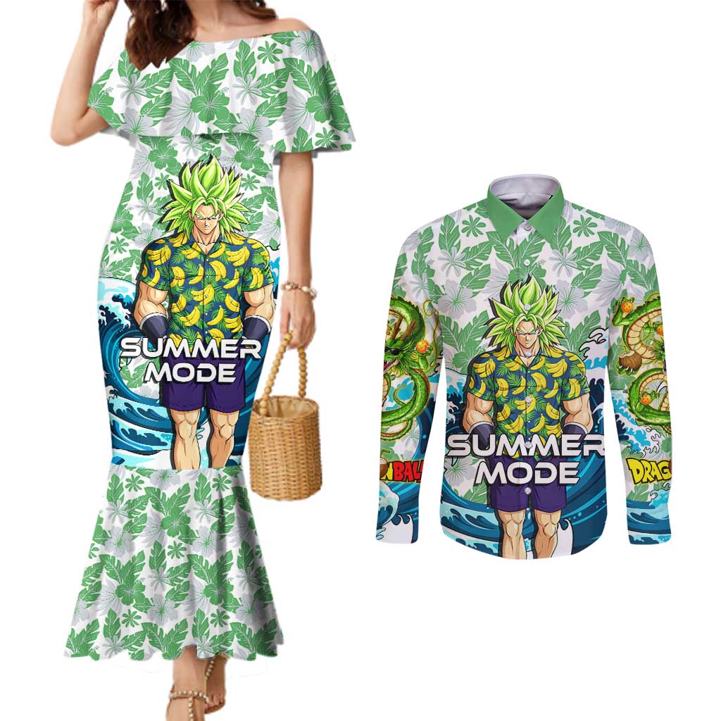 Broly Dragon Ball Summer Theme Couples Matching Mermaid Dress and Long Sleeve Button Shirt with Banana Shirt Sunglasses Shenron and Tropical Ocean Background - The Mazicc
