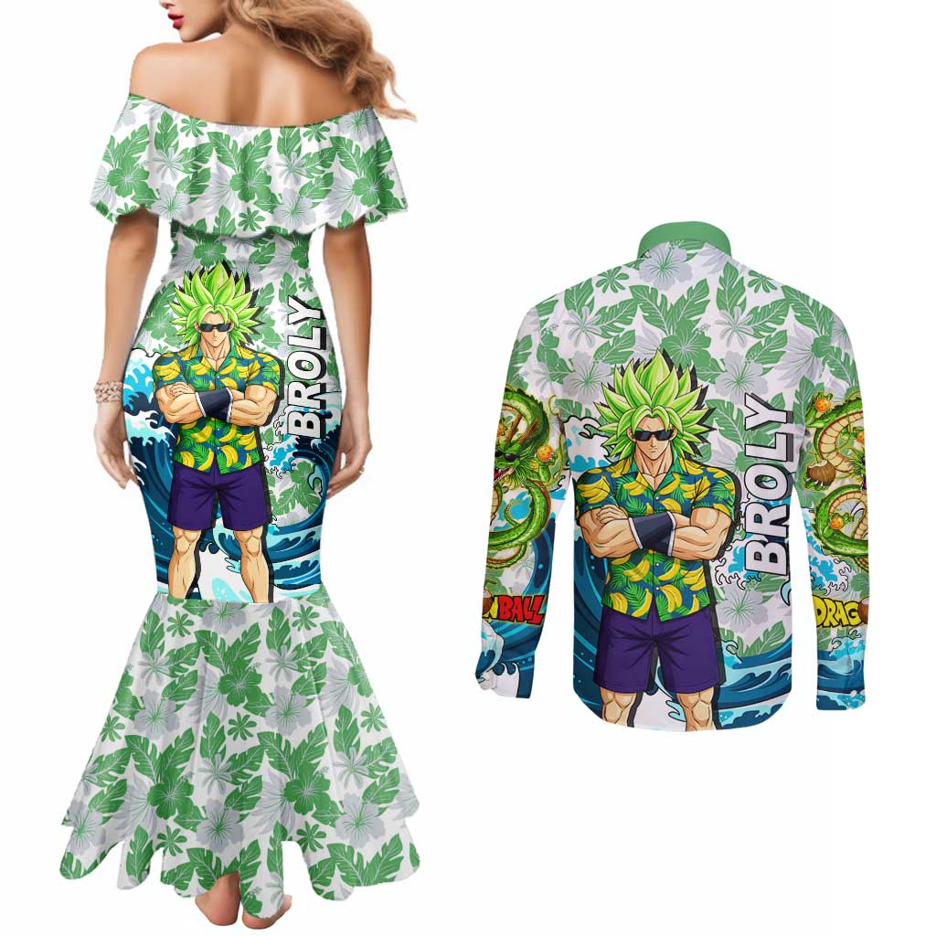 Broly Dragon Ball Summer Theme Couples Matching Mermaid Dress and Long Sleeve Button Shirt with Banana Shirt Sunglasses Shenron and Tropical Ocean Background - The Mazicc