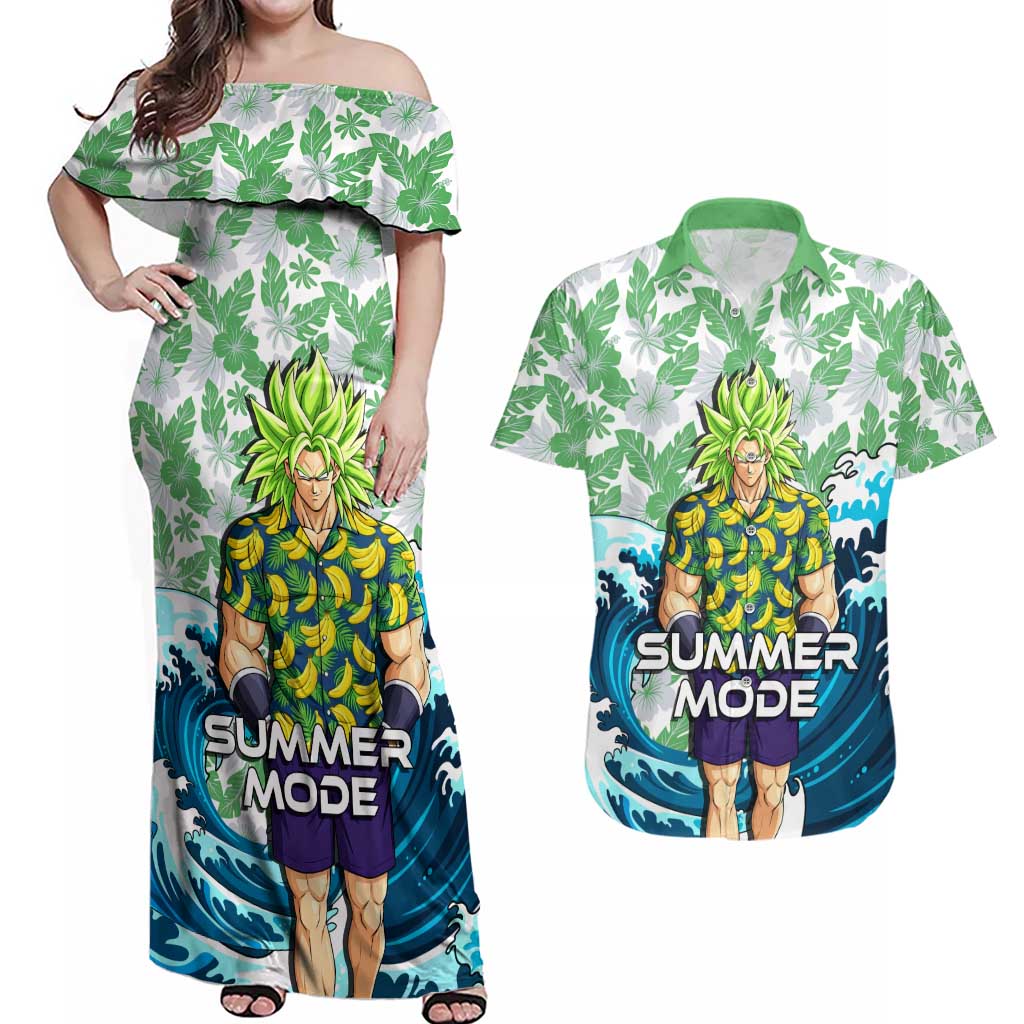 Broly Dragon Ball Summer Theme Couples Matching Off Shoulder Maxi Dress and Hawaiian Shirt with Banana Shirt Sunglasses Shenron and Tropical Ocean Background - The Mazicc