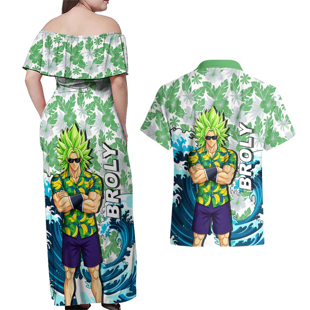 Broly Dragon Ball Summer Theme Couples Matching Off Shoulder Maxi Dress and Hawaiian Shirt with Banana Shirt Sunglasses Shenron and Tropical Ocean Background - The Mazicc