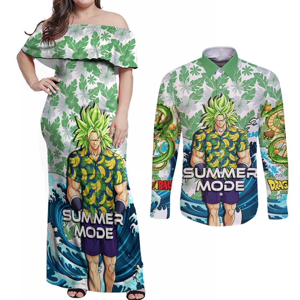 Broly Dragon Ball Summer Theme Couples Matching Off Shoulder Maxi Dress and Long Sleeve Button Shirt with Banana Shirt Sunglasses Shenron and Tropical Ocean Background - The Mazicc
