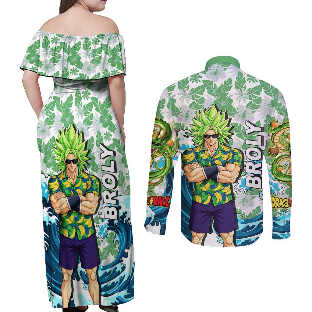 Broly Dragon Ball Summer Theme Couples Matching Off Shoulder Maxi Dress and Long Sleeve Button Shirt with Banana Shirt Sunglasses Shenron and Tropical Ocean Background - The Mazicc
