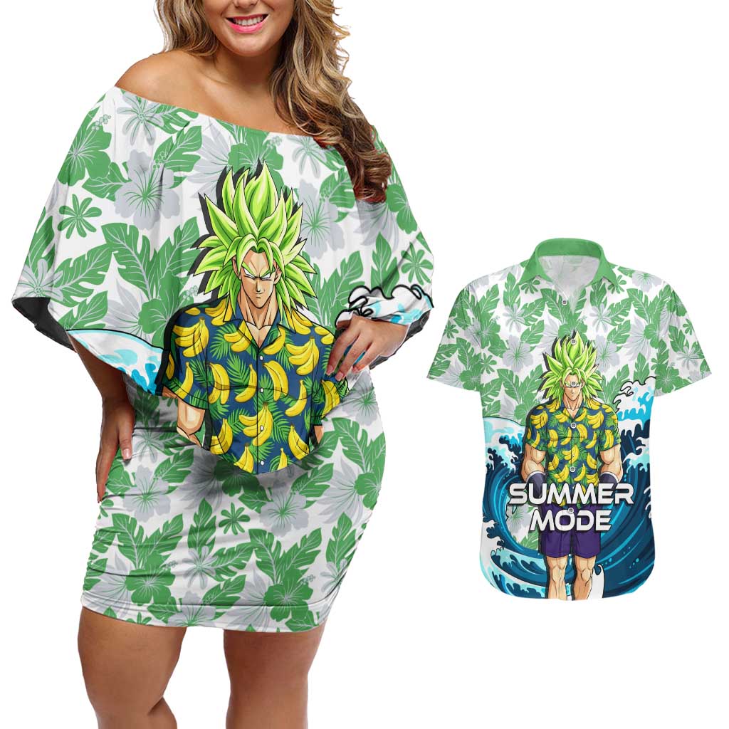 Broly Dragon Ball Summer Theme Couples Matching Off Shoulder Short Dress and Hawaiian Shirt with Banana Shirt Sunglasses Shenron and Tropical Ocean Background - The Mazicc