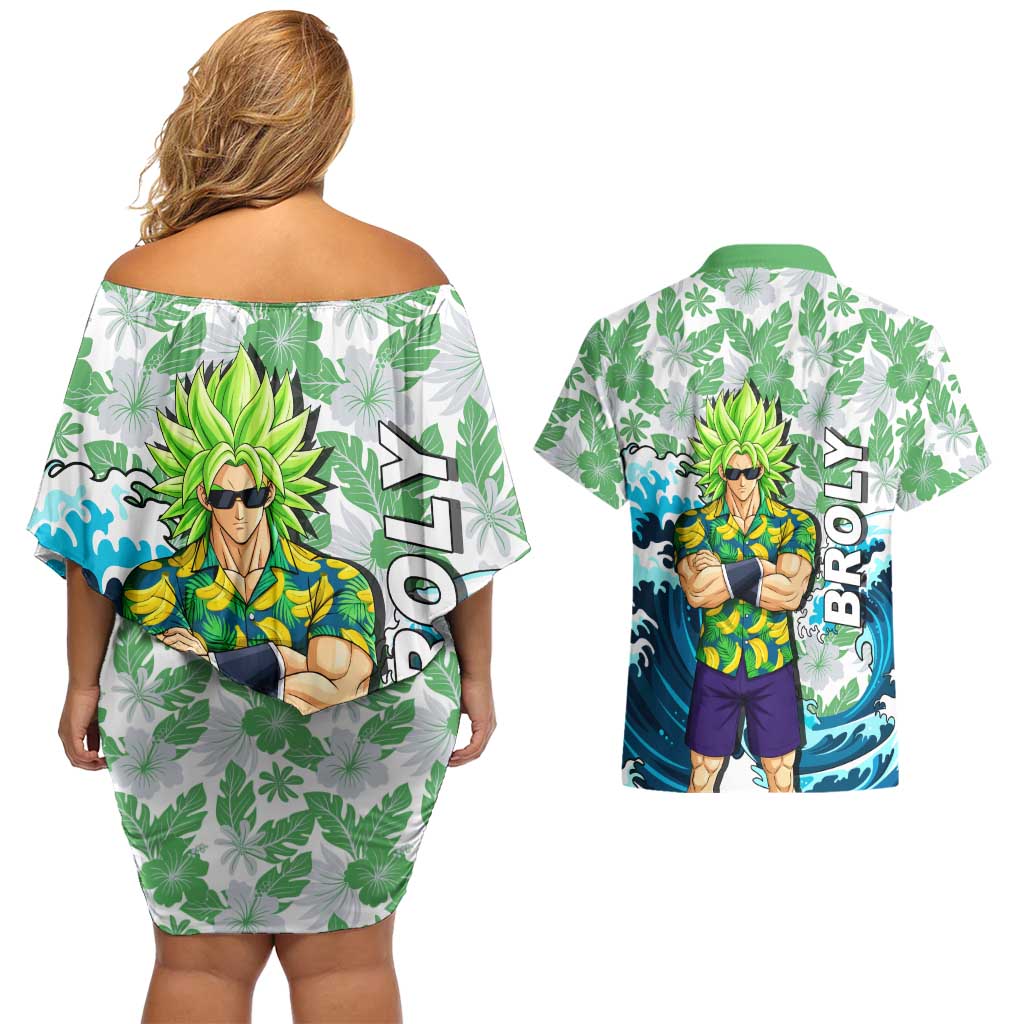 Broly Dragon Ball Summer Theme Couples Matching Off Shoulder Short Dress and Hawaiian Shirt with Banana Shirt Sunglasses Shenron and Tropical Ocean Background - The Mazicc