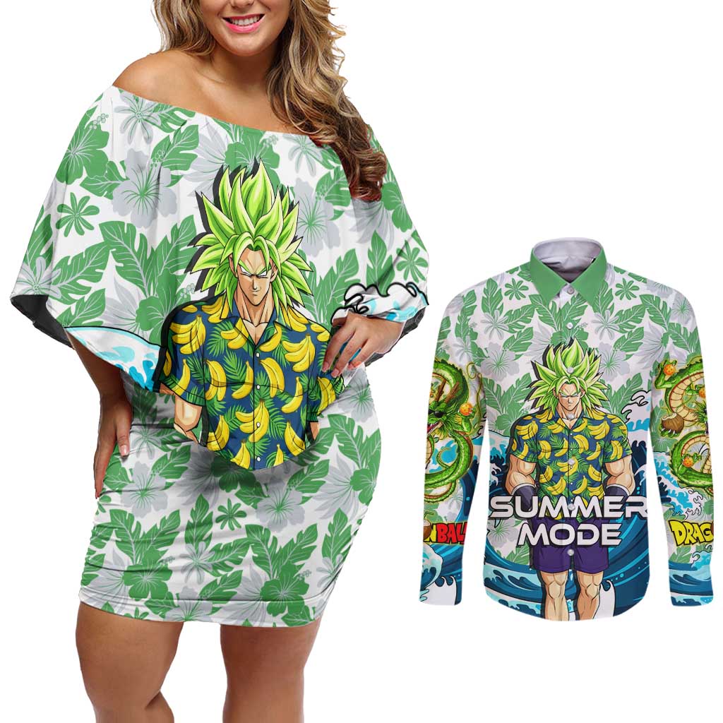 Broly Dragon Ball Summer Theme Couples Matching Off Shoulder Short Dress and Long Sleeve Button Shirt with Banana Shirt Sunglasses Shenron and Tropical Ocean Background - The Mazicc