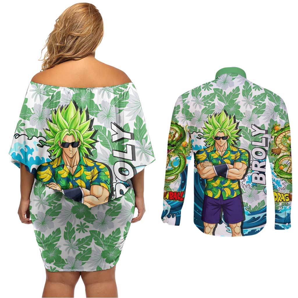 Broly Dragon Ball Summer Theme Couples Matching Off Shoulder Short Dress and Long Sleeve Button Shirt with Banana Shirt Sunglasses Shenron and Tropical Ocean Background - The Mazicc