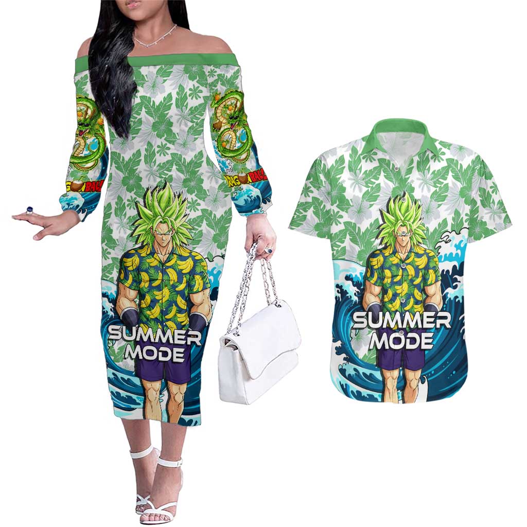 Broly Dragon Ball Summer Theme Couples Matching Off The Shoulder Long Sleeve Dress and Hawaiian Shirt with Banana Shirt Sunglasses Shenron and Tropical Ocean Background - The Mazicc