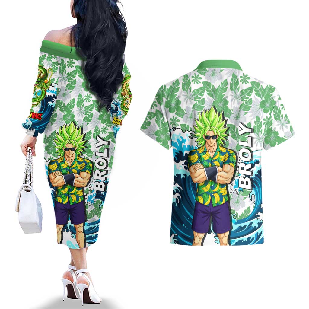 Broly Dragon Ball Summer Theme Couples Matching Off The Shoulder Long Sleeve Dress and Hawaiian Shirt with Banana Shirt Sunglasses Shenron and Tropical Ocean Background - The Mazicc