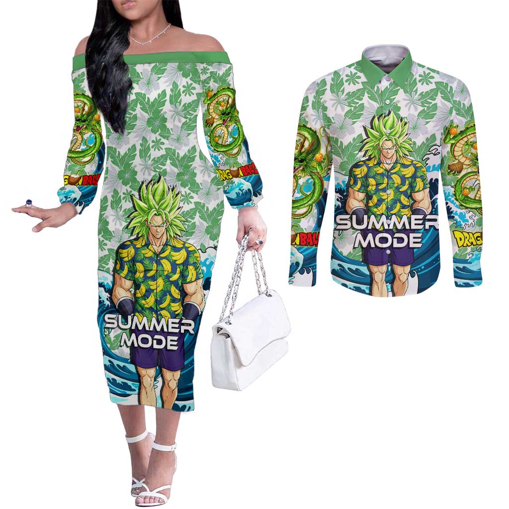 Broly Dragon Ball Summer Theme Couples Matching Off The Shoulder Long Sleeve Dress and Long Sleeve Button Shirt with Banana Shirt Sunglasses Shenron and Tropical Ocean Background - The Mazicc