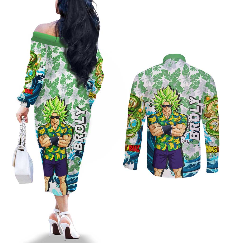 Broly Dragon Ball Summer Theme Couples Matching Off The Shoulder Long Sleeve Dress and Long Sleeve Button Shirt with Banana Shirt Sunglasses Shenron and Tropical Ocean Background - The Mazicc