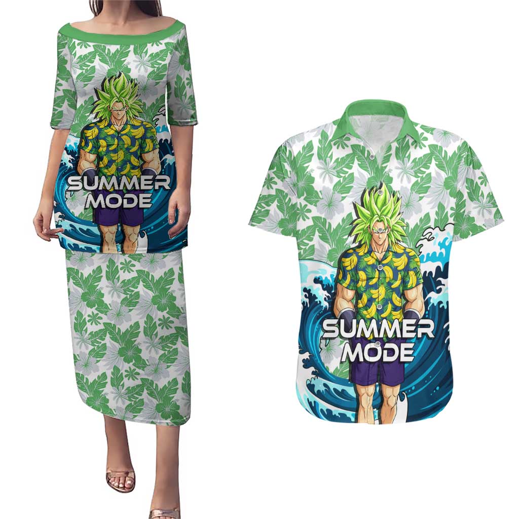 Broly Dragon Ball Summer Theme Couples Matching Puletasi and Hawaiian Shirt with Banana Shirt Sunglasses Shenron and Tropical Ocean Background - The Mazicc