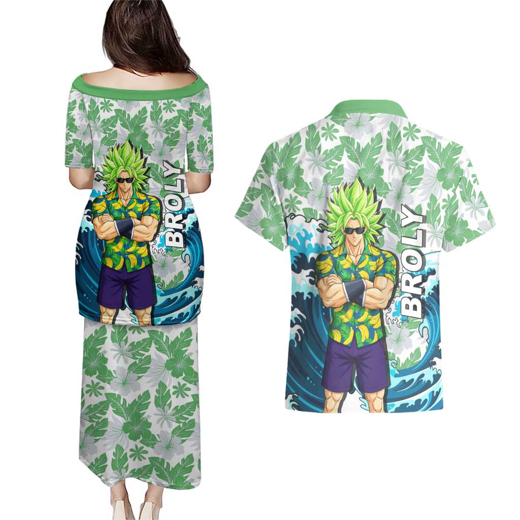 Broly Dragon Ball Summer Theme Couples Matching Puletasi and Hawaiian Shirt with Banana Shirt Sunglasses Shenron and Tropical Ocean Background - The Mazicc