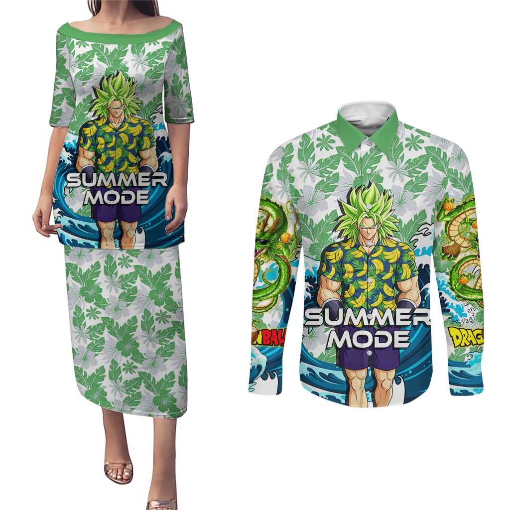 Broly Dragon Ball Summer Theme Couples Matching Puletasi and Long Sleeve Button Shirt with Banana Shirt Sunglasses Shenron and Tropical Ocean Background - The Mazicc