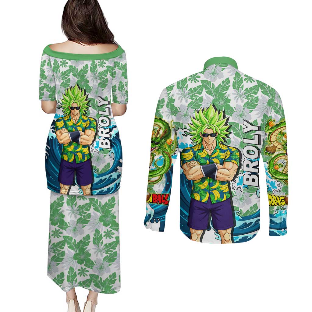 Broly Dragon Ball Summer Theme Couples Matching Puletasi and Long Sleeve Button Shirt with Banana Shirt Sunglasses Shenron and Tropical Ocean Background - The Mazicc