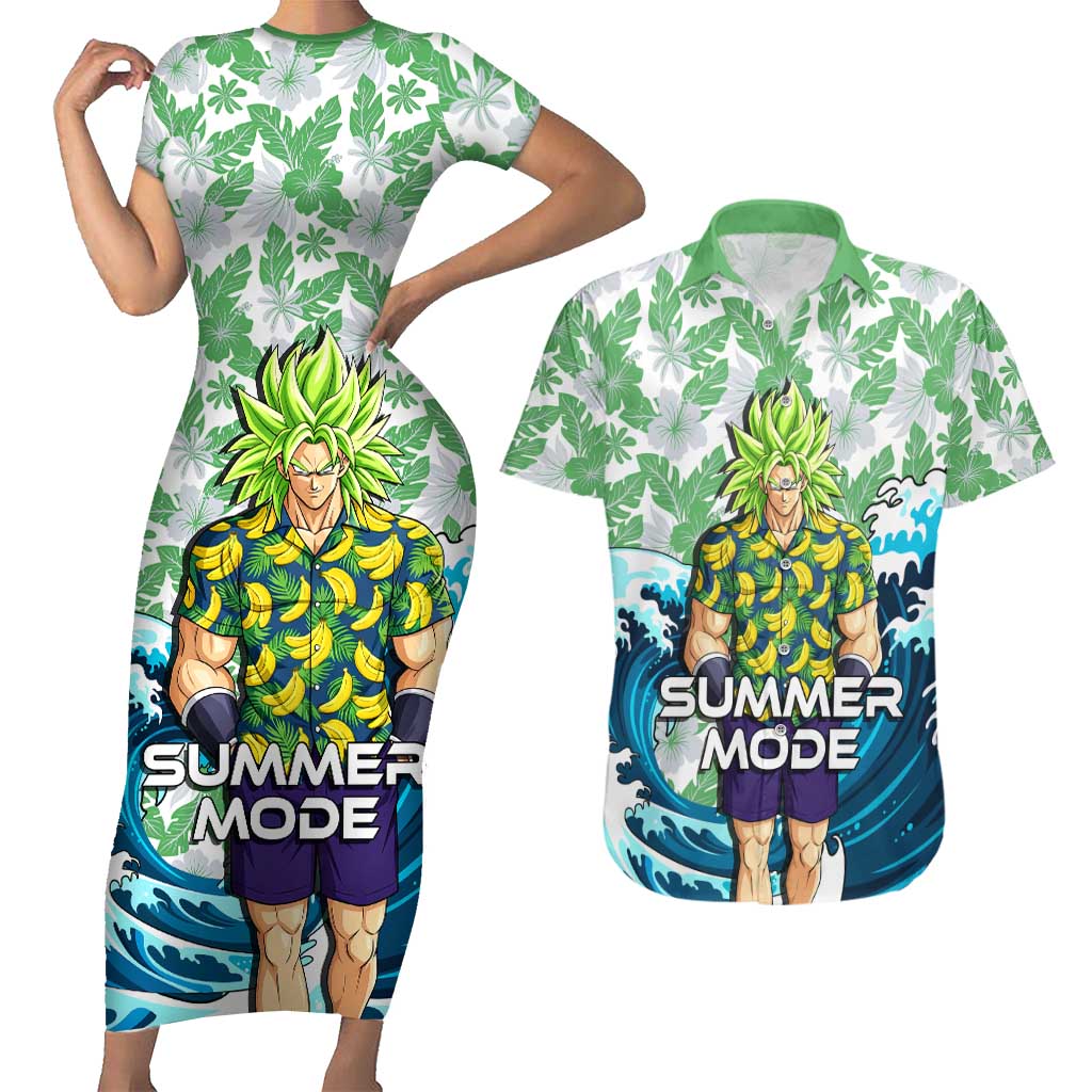 Broly Dragon Ball Summer Theme Couples Matching Short Sleeve Bodycon Dress and Hawaiian Shirt with Banana Shirt Sunglasses Shenron and Tropical Ocean Background - The Mazicc
