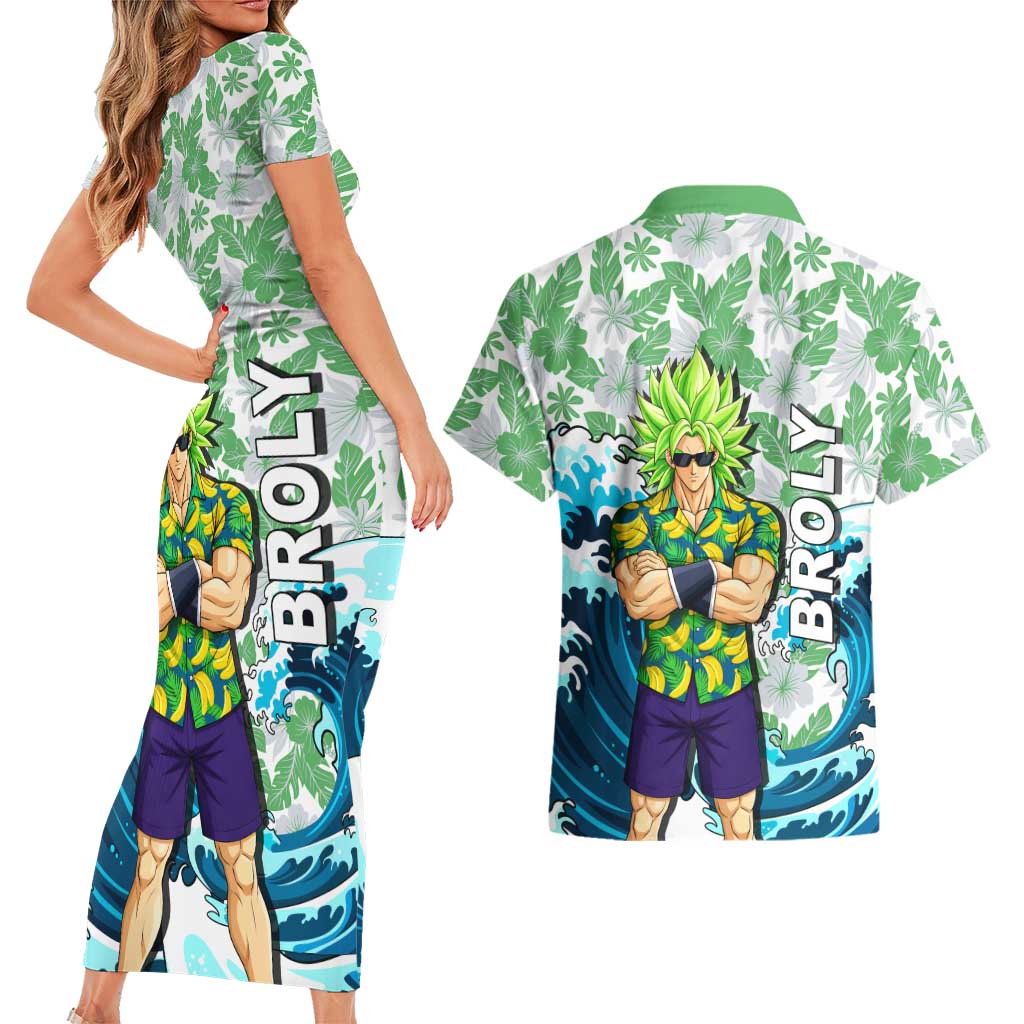Broly Dragon Ball Summer Theme Couples Matching Short Sleeve Bodycon Dress and Hawaiian Shirt with Banana Shirt Sunglasses Shenron and Tropical Ocean Background - The Mazicc