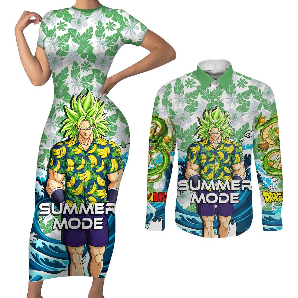 Broly Dragon Ball Summer Theme Couples Matching Short Sleeve Bodycon Dress and Long Sleeve Button Shirt with Banana Shirt Sunglasses Shenron and Tropical Ocean Background - The Mazicc