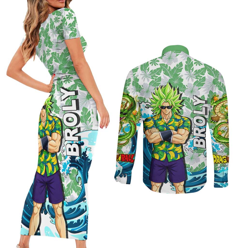 Broly Dragon Ball Summer Theme Couples Matching Short Sleeve Bodycon Dress and Long Sleeve Button Shirt with Banana Shirt Sunglasses Shenron and Tropical Ocean Background - The Mazicc