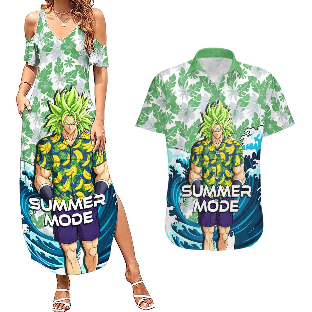 Broly Dragon Ball Summer Theme Couples Matching Summer Maxi Dress and Hawaiian Shirt with Banana Shirt Sunglasses Shenron and Tropical Ocean Background - The Mazicc