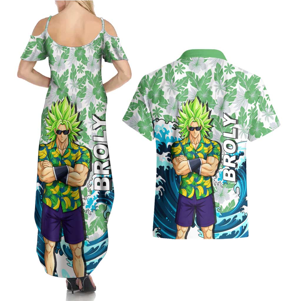 Broly Dragon Ball Summer Theme Couples Matching Summer Maxi Dress and Hawaiian Shirt with Banana Shirt Sunglasses Shenron and Tropical Ocean Background - The Mazicc