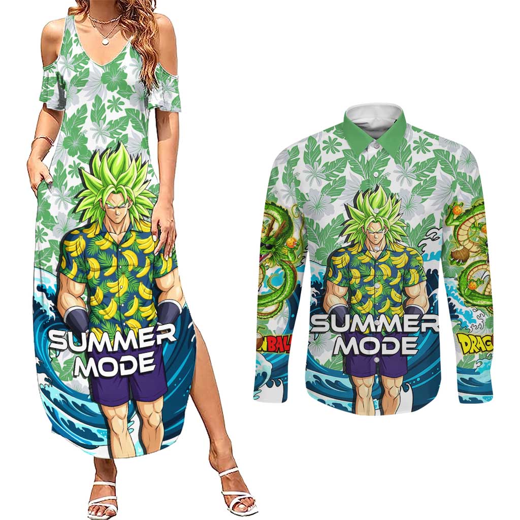 Broly Dragon Ball Summer Theme Couples Matching Summer Maxi Dress and Long Sleeve Button Shirt with Banana Shirt Sunglasses Shenron and Tropical Ocean Background - The Mazicc