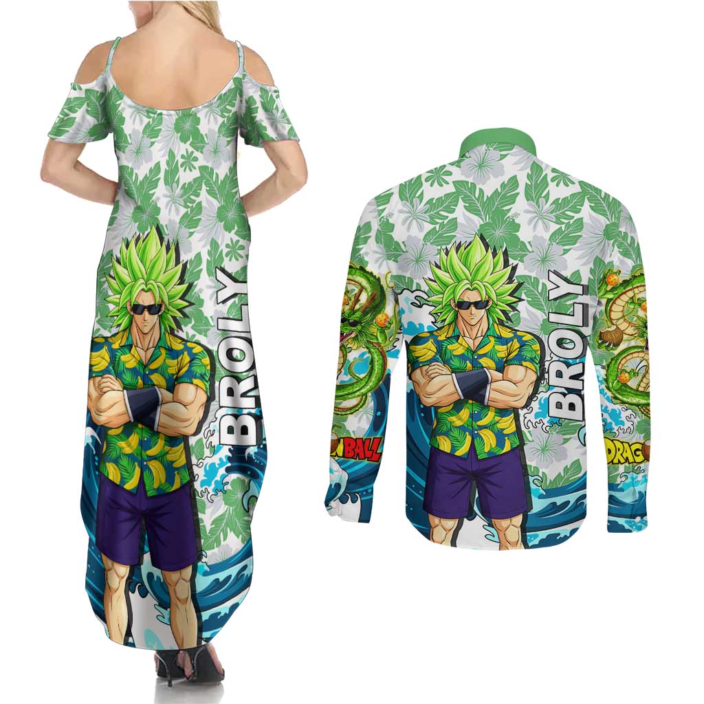 Broly Dragon Ball Summer Theme Couples Matching Summer Maxi Dress and Long Sleeve Button Shirt with Banana Shirt Sunglasses Shenron and Tropical Ocean Background - The Mazicc