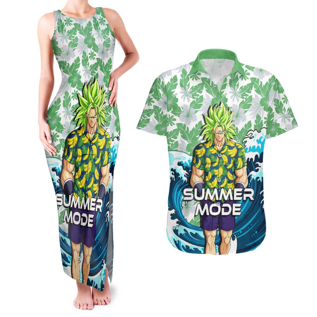 Broly Dragon Ball Summer Theme Couples Matching Tank Maxi Dress and Hawaiian Shirt with Banana Shirt Sunglasses Shenron and Tropical Ocean Background - The Mazicc