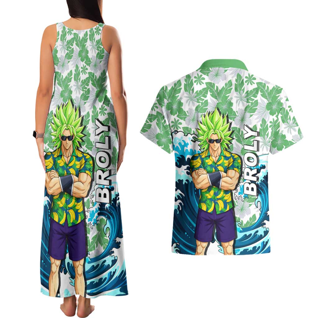 Broly Dragon Ball Summer Theme Couples Matching Tank Maxi Dress and Hawaiian Shirt with Banana Shirt Sunglasses Shenron and Tropical Ocean Background - The Mazicc